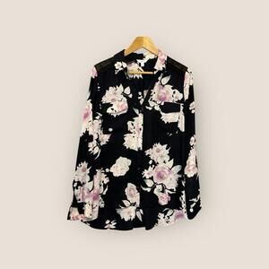 Candies Womens Black/Pink Floral V-neck Button Front Shirt Large Hi Lo Lace Top
